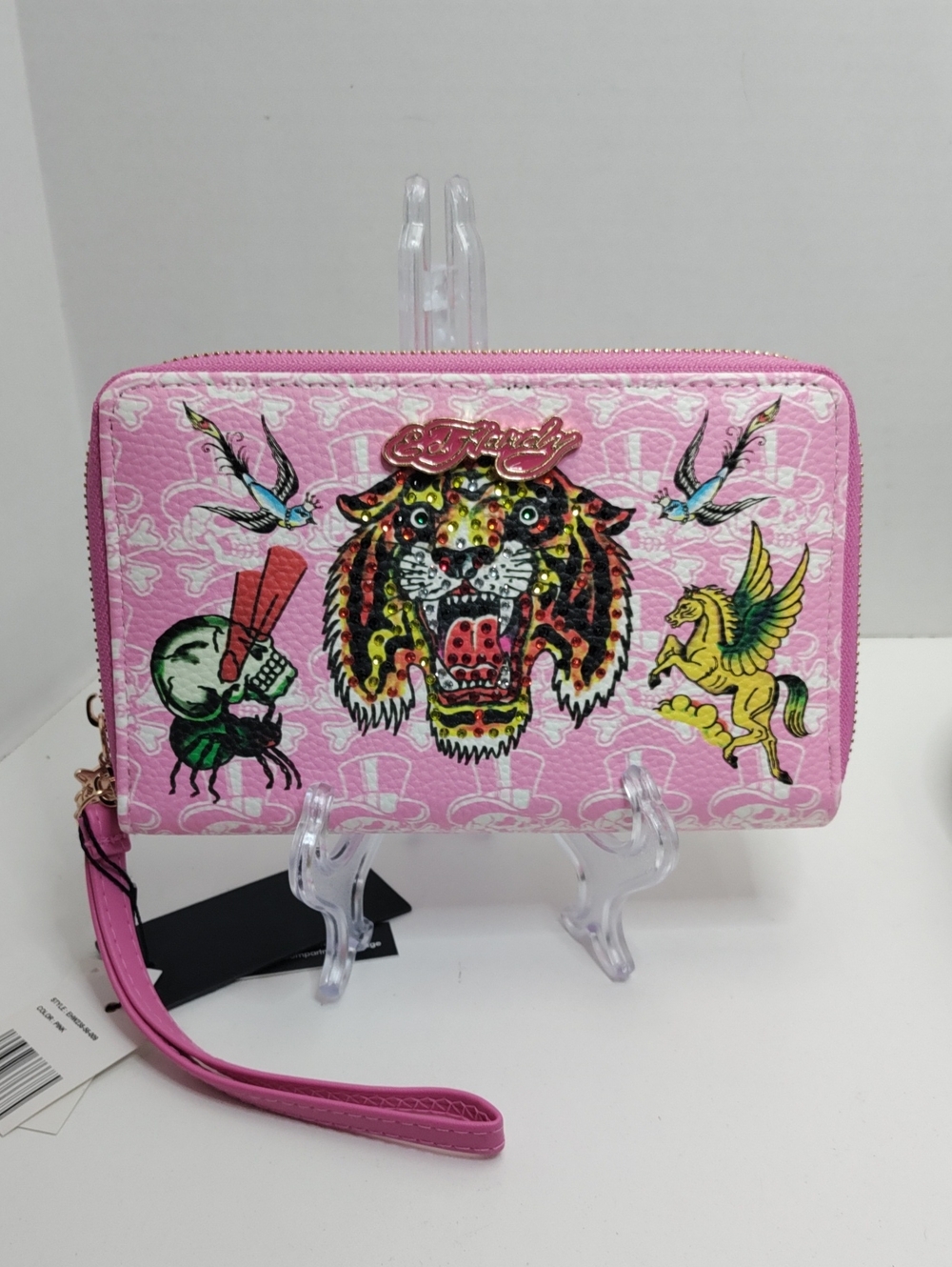 Ed Hardy Pink Tattoo-Print Double Zip Wristlet 8" X 5" X 1.5"